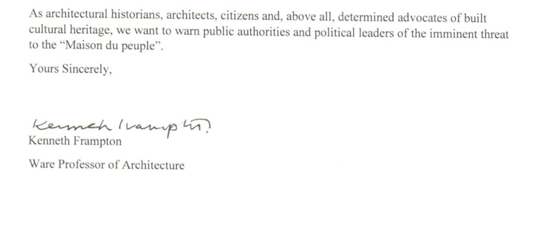 Kenneth Frampton dénonce la "menace imminente qui pèse sur la Maison du peuple"