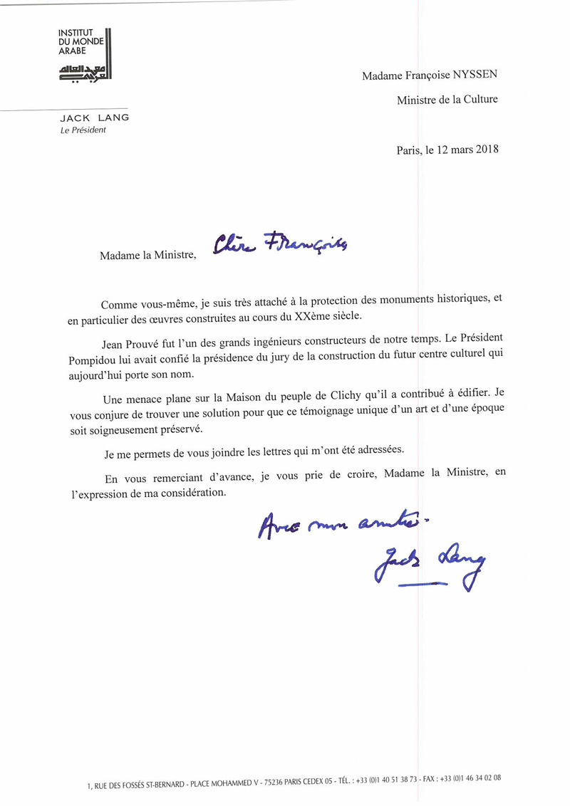 Letter de Jack Lang qui conjure Françoise Nyssen de trouver une solution pour la Maison du Peuple de Clichy