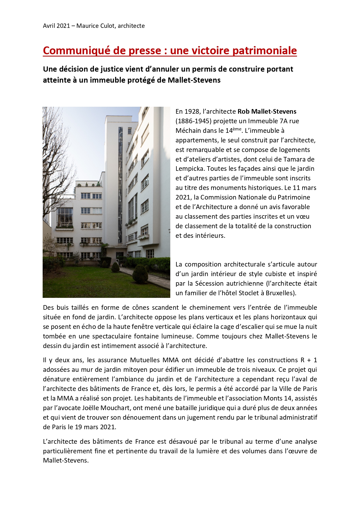 Communiqué de presse - Immeuble Robert Mallet-Stevens