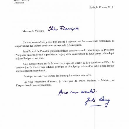 Letter de Jack Lang qui conjure Françoise Nyssen de trouver une solution pour la Maison du Peuple de Clichy